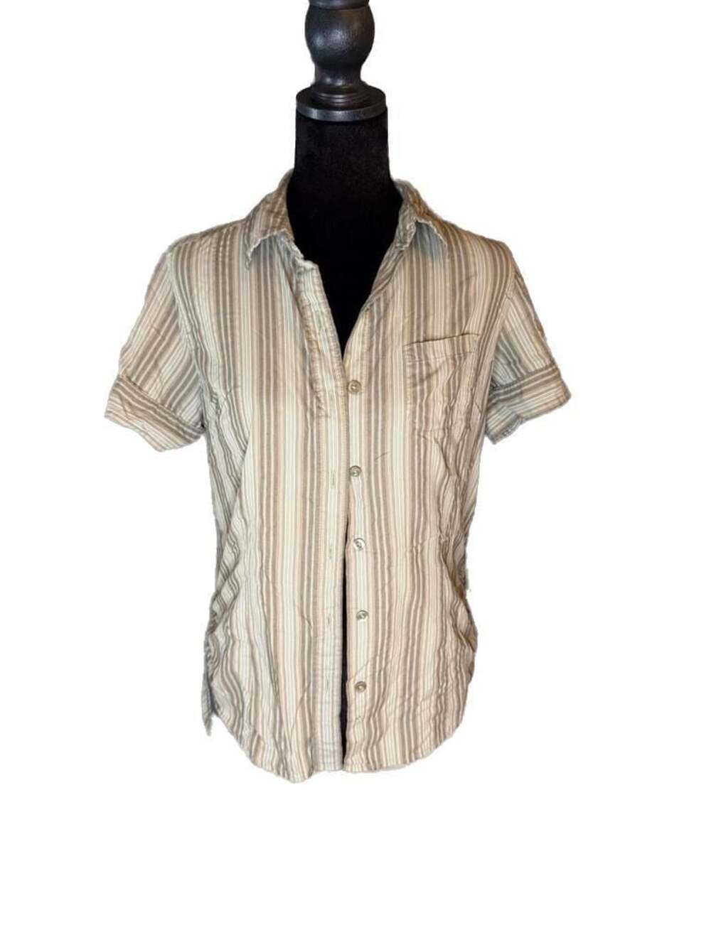 The North Face VaporWick Short Sleeve Striped Button Down Top with Ruched Sides